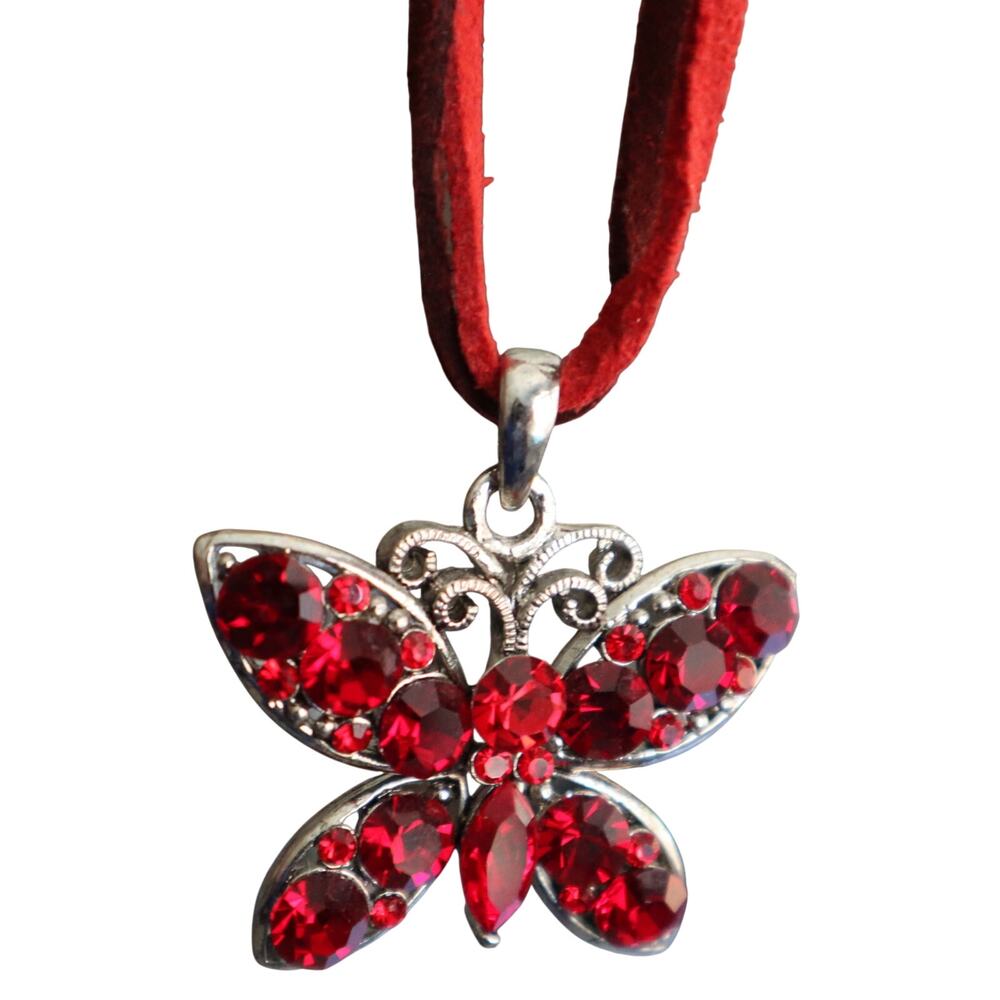 Vintage 90s Y2K Silver Red Rhinestone Butterfly Pendant Necklace Leather Cord